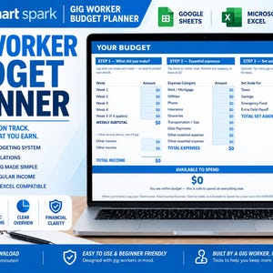 May include: A digital Gig Worker Budget Planner displayed on a laptop screen, featuring a blue and white interface with sections for weekly income, essential expenses, and savings goals, compatible with Google Sheets and Microsoft Excel software.