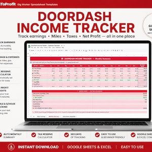 Op de afbeelding: Een digitaal DoorDash inkomentracker spreadsheet-sjabloon weergegeven op een laptopscherm. De interface bevat kolommen voor maandelijkse inkomsten, kilometers, belastingen en nettowinst. Het ontwerp bevat rode en witte branding met tekstlabels voor het bijhouden van uitgaven, belastingreserves en uurtarieven, compatibel met Google Sheets en Excel.