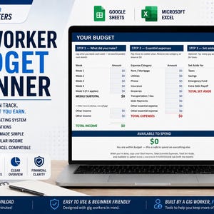 Pode incluir: Um planejador de orçamento digital para trabalhadores autônomos exibido na tela de um laptop, apresentando um sistema de orçamento de três etapas com seções para renda, despesas essenciais e economias, incluindo colunas para valores semanais.