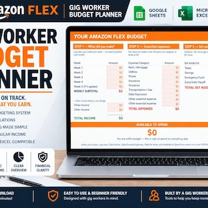 Könnte beinhalten: Ein Laptop zeigt eine Amazon Flex Gig Worker Budget Planner Tabellenkalkulation. Der Bildschirm enthält Bereiche für Einnahmen, wesentliche Ausgaben und Ersparnisse sowie Spalten für wöchentliche Beträge, Ausgabenkategorien und Gesamtsummen.
