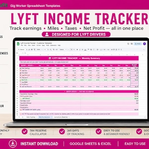 May include: A laptop displaying a Lyft Income Tracker spreadsheet template for Google Sheets. The screen shows monthly summary tables with pink headers. Text includes PathToProfit, Track earnings, Miles, Taxes, Net Profit, and Designed for Lyft Drivers.