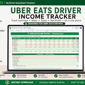 Peut inclure: Un modèle de feuille de calcul numérique pour le suivi des revenus des chauffeurs Uber Eats sur Google Sheets. L'interface affiche des résumés mensuels des gains, du kilométrage, des dépenses et des réserves fiscales. Il inclut des calculs automatisés pour le bénéfice net, les taux horaires et les déductions fiscales, dans une mise en page claire.