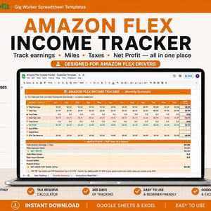 Op de afbeelding: Een digitaal Amazon Flex inkomsten-tracker spreadsheet sjabloon weergegeven op een laptopscherm. De interface bevat kolommen voor maandelijkse inkomsten, kilometers, belastingen en nettowinstberekeningen met oranje accenten.
