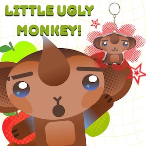 May include: A brown monkey keyring featuring a cartoon character with large eyes and a small mouth. The text LITTLE UGLY MONKEY! is displayed in green letters. The background includes a green apple, a red apple, and red star outlines.