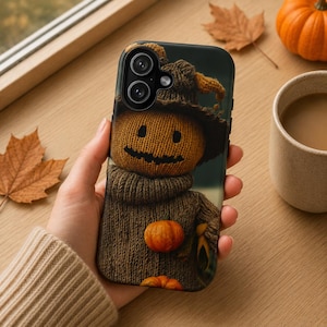 Phone Case Scarecrow Pumpkin Knit | Whimsical Fall Halloween Art, Gift for Her, iPhone Samsung Pixel