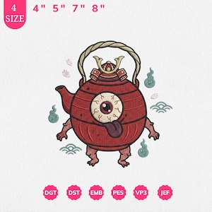 Könnte beinhalten: Ein Stickmuster einer roten Teekannen-Kreatur mit einem großen zentralen Auge, einer herausgestreckten Zunge und einem Samurai-Helm. Das Design enthält kleine türkisfarbene Geister und Wellenmuster sowie Angaben zu den Größen 4, 5, 7 und 8 Zoll.