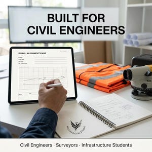 Peut inclure: Une tablette numérique affichant une page d'alignement routier avec un graphique quadrillé, un stylet blanc, un carnet à spirales avec des croquis techniques, un gilet de sécurité orange plié et un instrument de topographie sur un bureau blanc.
