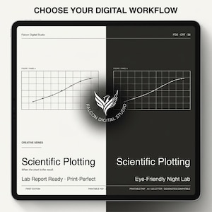 May include: A digital tablet screen displaying a split-screen interface titled CHOOSE YOUR DIGITAL WORKFLOW. The left side is white with black text and a graph, while the right side is black with white text and a graph. The Falcon Digital Studio logo is centred.
