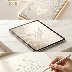May include: A digital tablet and a physical notebook featuring a circuit board pattern and a phoenix emblem. The notebook displays a hand-drawn binary tree diagram on dotted paper, accompanied by a metallic stylus pen for digital note-taking.