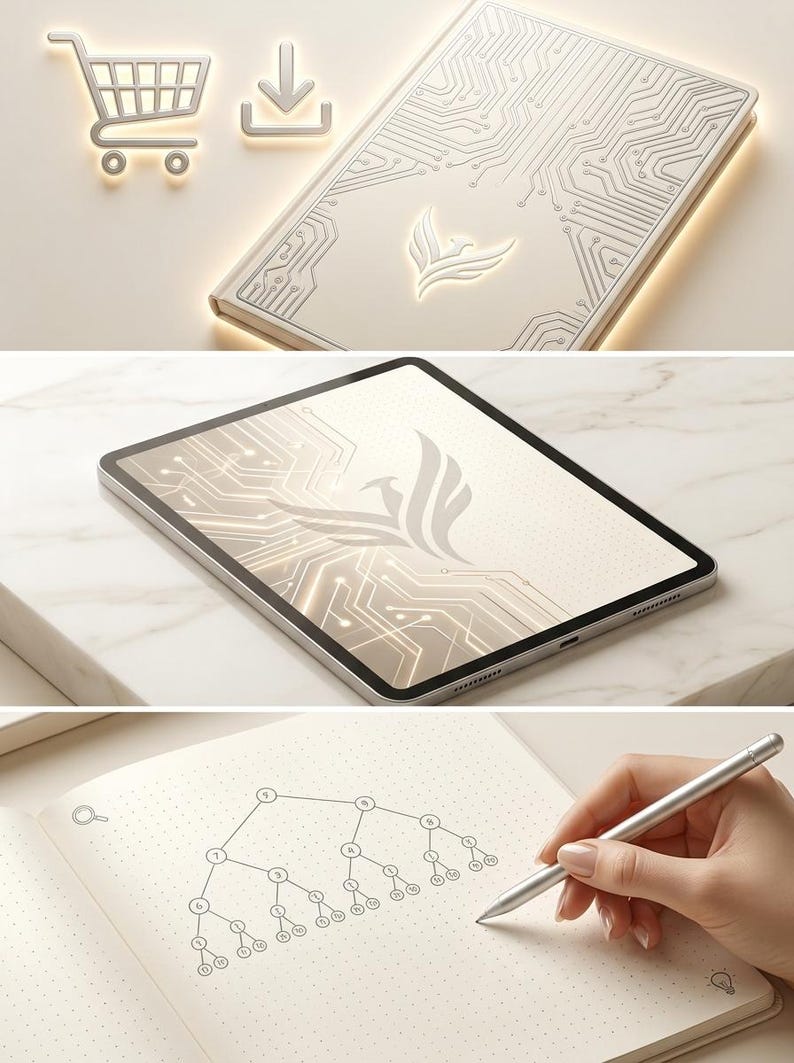 May include: A digital tablet and a physical notebook featuring a circuit board pattern and a phoenix emblem. The notebook displays a hand-drawn binary tree diagram on dotted paper, accompanied by a metallic stylus pen for digital note-taking.