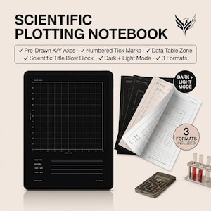 Peut inclure: Un carnet de traçage scientifique avec des axes X/Y pré-dessinés, des graduations numérotées, une zone de tableau de données et un bloc de titre scientifique. Il propose des modes sombre et clair avec trois formats, présenté avec une calculatrice.