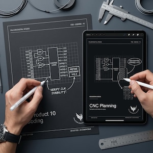 Puede incluir: Un documento negro y una tableta que muestran un diagrama de circuito lógico blanco con el texto Falcon Digital Studio, FDS-Coding-10 y CNC Planning. Un calibrador y una regla marcada FDS son visibles, con notas manuscritas Verify CLK Stability.