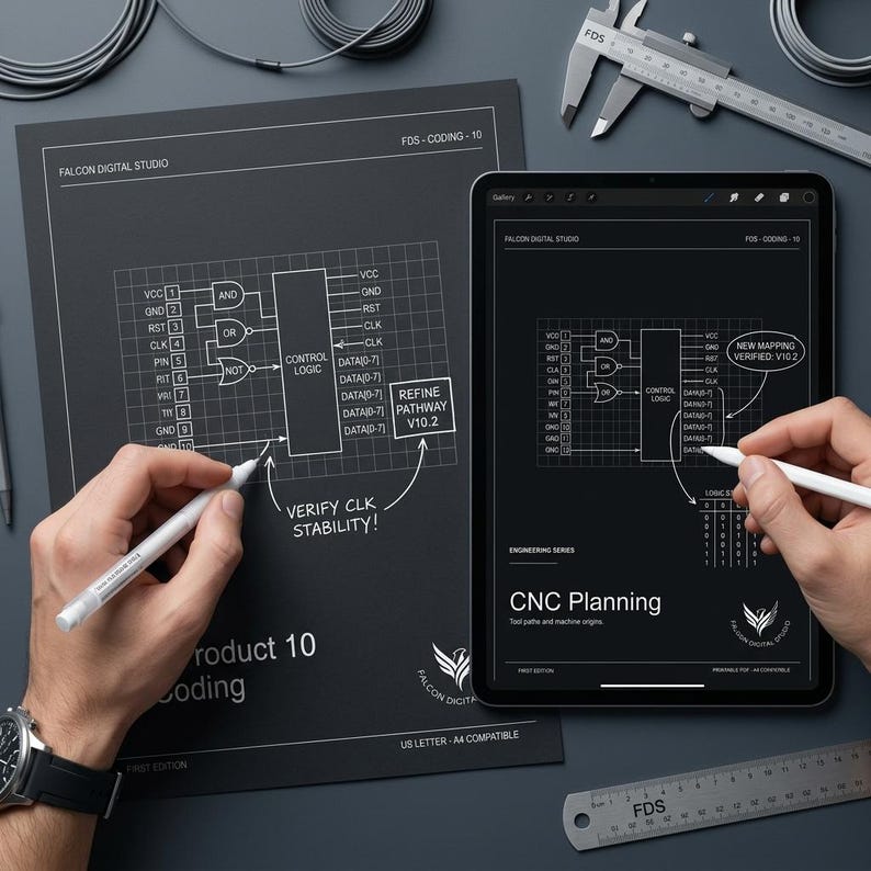 May include: A black document and a tablet displaying a white logic circuit diagram with the text Falcon Digital Studio, FDS-Coding-10, and CNC Planning. A metal caliper and a ruler marked FDS are visible, with handwritten notes Verify CLK Stability.