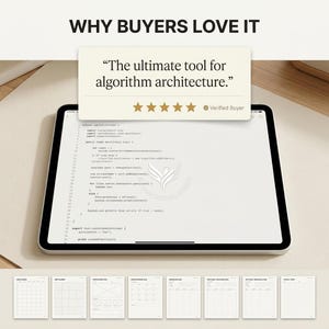 May include: A tablet displaying lines of computer code with a text overlay reading WHY BUYERS LOVE IT and The ultimate tool for algorithm architecture. Below the tablet are eight small thumbnails of various digital planner page layouts.
