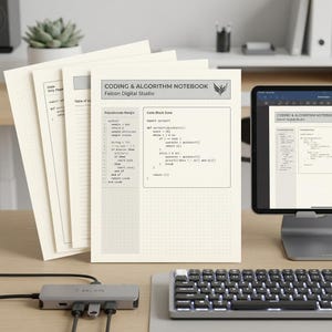 K&ouml;nnte beinhalten: Ein wei&szlig;es Coding & Algorithm Notebook von Falcon Digital Studio mit Punktraster, das einen speziellen Pseudocode-Rand und einen Code-Block-Bereich aufweist. Die Seite zeigt gedruckte Programmierlogik, einschlie&szlig;lich eines Quicksort-Algorithmus-Beispiels.