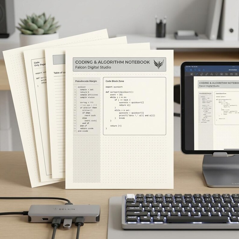 K&ouml;nnte beinhalten: Ein wei&szlig;es Coding & Algorithm Notebook von Falcon Digital Studio mit Punktraster, das einen speziellen Pseudocode-Rand und einen Code-Block-Bereich aufweist. Die Seite zeigt gedruckte Programmierlogik, einschlie&szlig;lich eines Quicksort-Algorithmus-Beispiels.