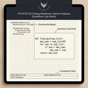 K&ouml;nnte beinhalten: Eine digitale Programmier-Notizbuchseite auf einem Tablet-Bildschirm mit kariertem Hintergrund. Das Layout enth&auml;lt einen Pseudocode-Rand, einen umrandeten Code-Block mit Python-Syntax und Komplexit&auml;tsfelder f&uuml;r Zeit und Speicher am unteren Rand.