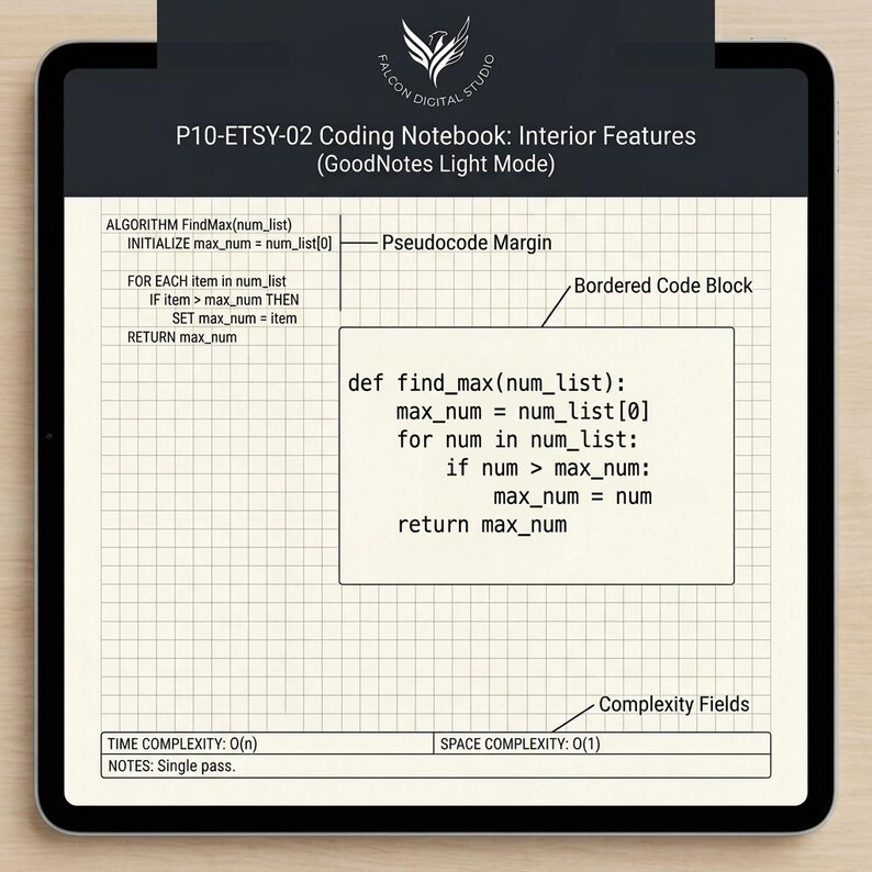 K&ouml;nnte beinhalten: Eine digitale Programmier-Notizbuchseite auf einem Tablet-Bildschirm mit kariertem Hintergrund. Das Layout enth&auml;lt einen Pseudocode-Rand, einen umrandeten Code-Block mit Python-Syntax und Komplexit&auml;tsfelder f&uuml;r Zeit und Speicher am unteren Rand.