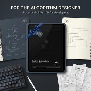 May include: A digital tablet with a blue ribbon and gift tag, surrounded by two spiral-bound notebooks featuring flowcharts and code snippets, a mechanical keyboard, a white stylus, and a crumpled paper sheet with a Big O complexity chart.