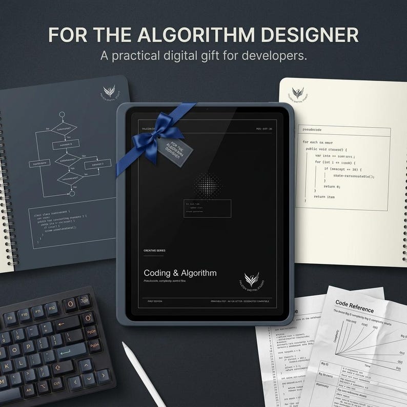 May include: A digital tablet with a blue ribbon and gift tag, surrounded by two spiral-bound notebooks featuring flowcharts and code snippets, a mechanical keyboard, a white stylus, and a crumpled paper sheet with a Big O complexity chart.
