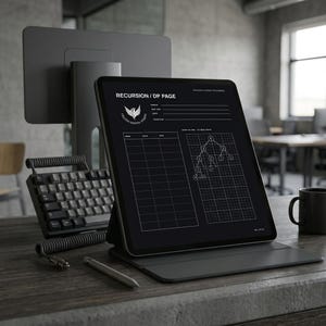 May include: A black tablet displaying a Recursion DP page with a tree diagram and data table, accompanied by a mechanical keyboard with a coiled cable, a stylus, and a black mug, all arranged on a dark wooden desk surface in a workspace.