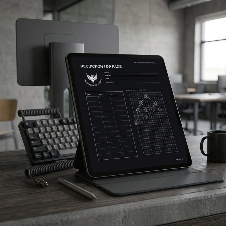May include: A black tablet displaying a Recursion DP page with a tree diagram and data table, accompanied by a mechanical keyboard with a coiled cable, a stylus, and a black mug, all arranged on a dark wooden desk surface in a workspace.