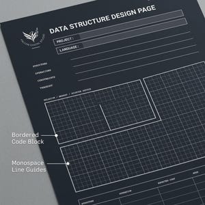 May include: A dark grey data structure design page template featuring the text DATA STRUCTURE DESIGN PAGE, Falcon Digital Studio logo, and fields for project and language. It includes sections for structure, operations, constraints, tradeoffs, and grid-lined areas.