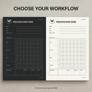 May include: A two-page layout titled CHOOSE YOUR WORKFLOW featuring a black page and a white page. Each page is labeled PSEUDOCODE PAGE with sections for problem, input, output, language, notes, and a grid for pseudocode with numbered rows.