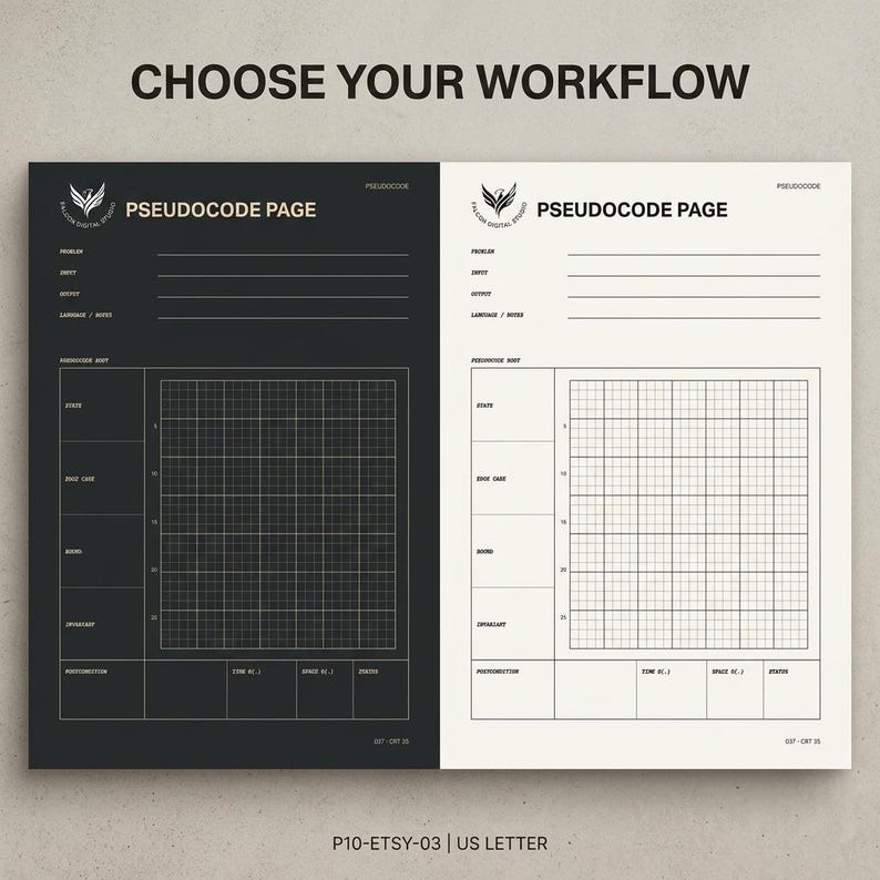 May include: A two-page layout titled CHOOSE YOUR WORKFLOW featuring a black page and a white page. Each page is labeled PSEUDOCODE PAGE with sections for problem, input, output, language, notes, and a grid for pseudocode with numbered rows.
