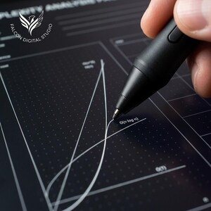 May include: A black digital stylus interacting with a dark screen displaying a white grid and mathematical complexity analysis graphs. The screen features the text Falcon Digital Studio and labels including O(n log n) and O(1) on the curves.