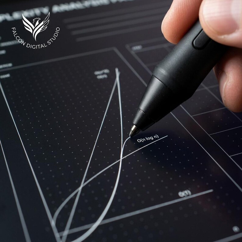 May include: A black digital stylus interacting with a dark screen displaying a white grid and mathematical complexity analysis graphs. The screen features the text Falcon Digital Studio and labels including O(n log n) and O(1) on the curves.