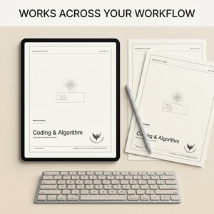 May include: A tablet displaying a document titled Coding & Algorithm, alongside printed pages with the same design, a gray stylus, and a wireless keyboard. The text reads WORKS ACROSS YOUR WORKFLOW, FALCON DIGITAL STUDIO, and FDS-CRT-35.
