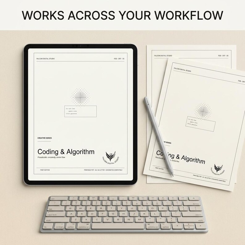 May include: A tablet displaying a document titled Coding & Algorithm, alongside printed pages with the same design, a gray stylus, and a wireless keyboard. The text reads WORKS ACROSS YOUR WORKFLOW, FALCON DIGITAL STUDIO, and FDS-CRT-35.