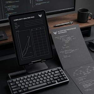 May include: A black tablet on a stand displaying a Complexity Analysis Page, a black mechanical keyboard, and a black paper sheet titled Algorithm Pseudocode Reference with code snippets and a tree diagram, all set on a dark workspace.