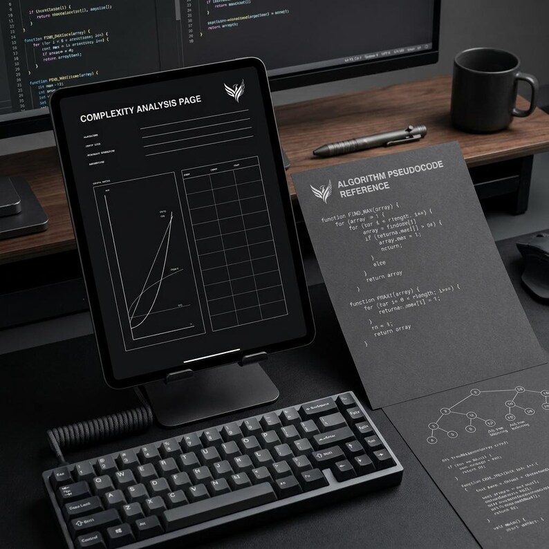May include: A black tablet on a stand displaying a Complexity Analysis Page, a black mechanical keyboard, and a black paper sheet titled Algorithm Pseudocode Reference with code snippets and a tree diagram, all set on a dark workspace.