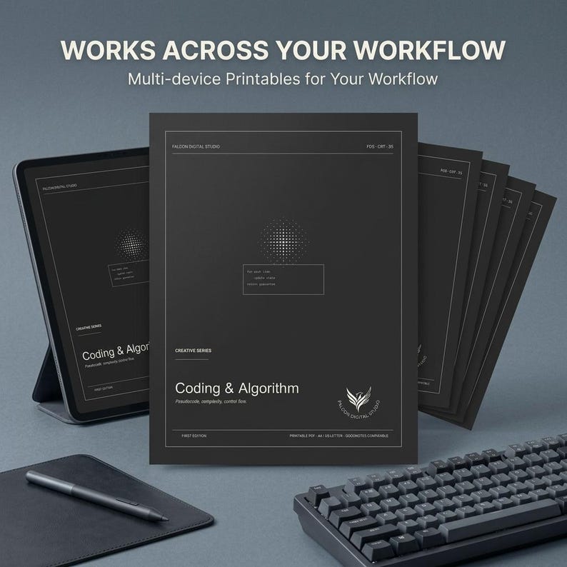 May include: A digital tablet and several printed pages featuring a black cover with white text that reads Coding & Algorithm, Creative Series, and Falcon Digital Studio. The text Works Across Your Workflow appears at the top of the image.