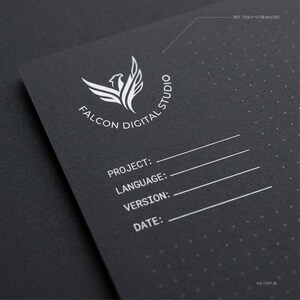 May include: A black paper sheet with a white dotted grid pattern featuring the Falcon Digital Studio logo, a stylized falcon icon, and text fields for Project, Language, Version, and Date. The top right corner displays REF: FDS-P10-TB-MACRO.