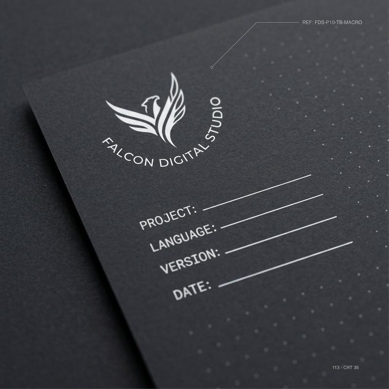 May include: A black paper sheet with a white dotted grid pattern featuring the Falcon Digital Studio logo, a stylized falcon icon, and text fields for Project, Language, Version, and Date. The top right corner displays REF: FDS-P10-TB-MACRO.