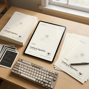 May include: A tablet displaying a document titled Coding & Algorithm, surrounded by stacks of printed papers with the same title, a mechanical keyboard, and a black pen. The documents feature a dotted circular graphic and a bird logo.