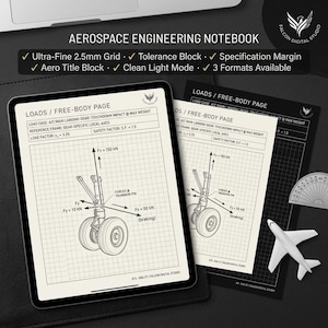 May include: An aerospace engineering notebook displayed on a tablet and paper, featuring a 2.5mm grid, load case data for aircraft landing gear, free-body diagrams with force vectors, a trunnion pin label, and a Falcon Digital Studio logo.