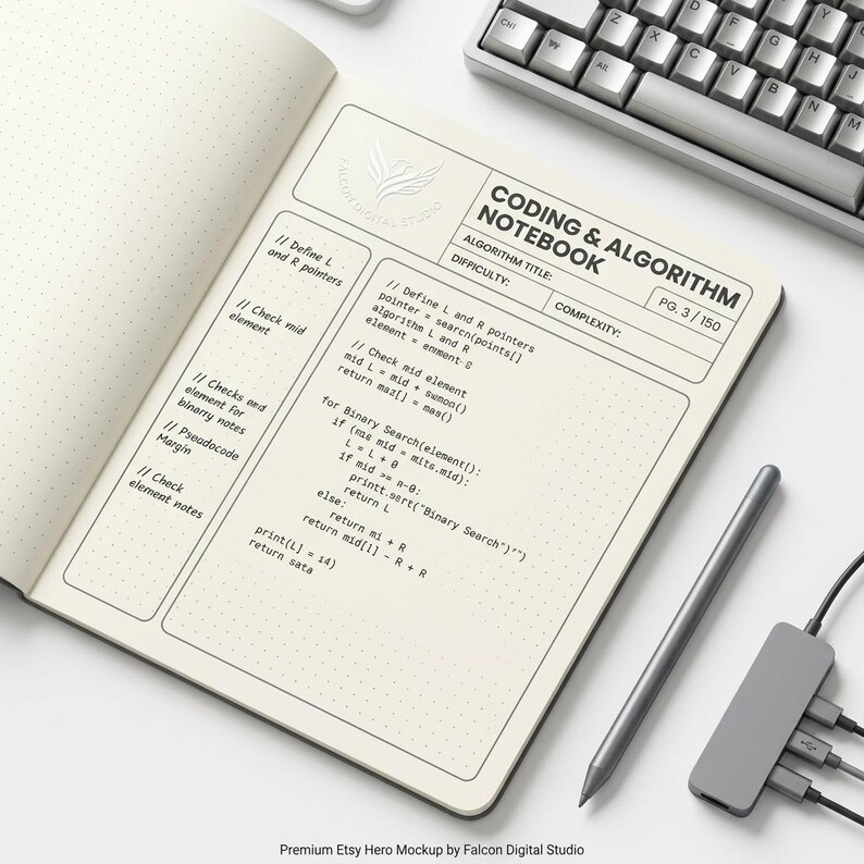 K&ouml;nnte beinhalten: Ein offenes Notizbuch mit Punktraster, betitelt als Coding & Algorithm Notebook, mit gedruckten Feldern f&uuml;r Algorithmus-Titel, Schwierigkeit und Komplexit&auml;t. Die Seite enth&auml;lt Code f&uuml;r eine bin&auml;re Suche, einen grauen Eingabestift und einen USB-Hub.