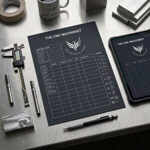 Może przedstawiać: Czarny arkusz inspekcyjny dla operatora CNC z białymi liniami siatki i tekstem, zawierający logo Falcon Digital Studio. Arkusz zawiera tabelę ustawień materiału, tabelę inspekcji oraz legendę. Obok znajdują się suwmiarka cyfrowa, dwa frezy palcowe i długopis.