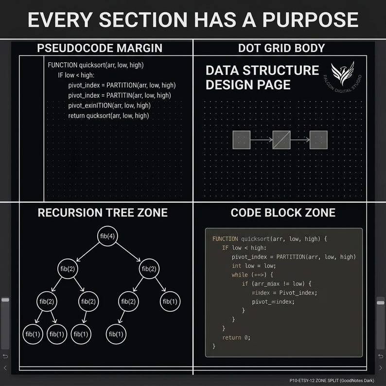 May include: A black digital planner page titled EVERY SECTION HAS A PURPOSE, divided into four zones: Pseudocode Margin with quicksort logic, Dot Grid Body for data structures, Recursion Tree Zone showing fibonacci nodes, and Code Block Zone.