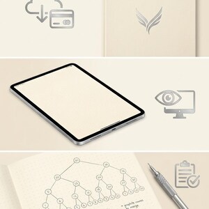 K&ouml;nnte beinhalten: Ein beiges Notizbuch mit silbernem Fl&uuml;gellogo, ein Tablet und ein offenes Notizbuch mit handgezeichnetem Baumdiagramm, Flussdiagrammen und technischen Notizen. Silberne Symbole zeigen einen Cloud-Download, eine Kreditkarte, ein Auge auf einem Monitor und eine Zwischenablage.