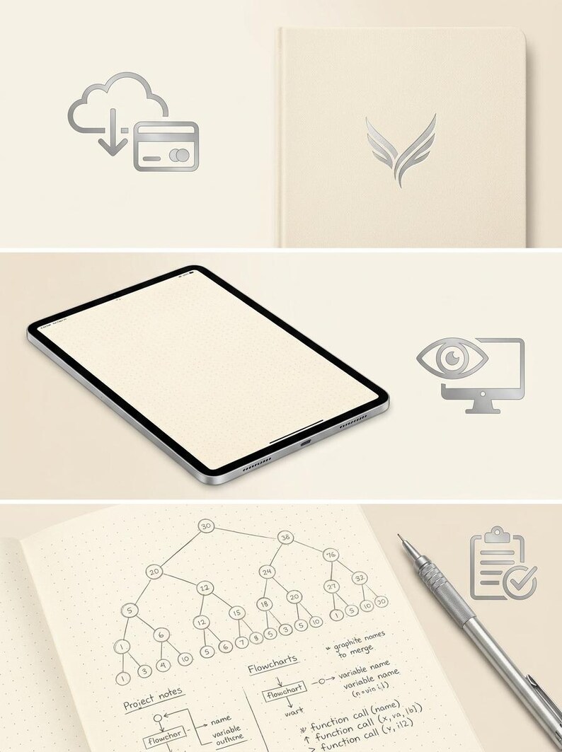 K&ouml;nnte beinhalten: Ein beiges Notizbuch mit silbernem Fl&uuml;gellogo, ein Tablet und ein offenes Notizbuch mit handgezeichnetem Baumdiagramm, Flussdiagrammen und technischen Notizen. Silberne Symbole zeigen einen Cloud-Download, eine Kreditkarte, ein Auge auf einem Monitor und eine Zwischenablage.