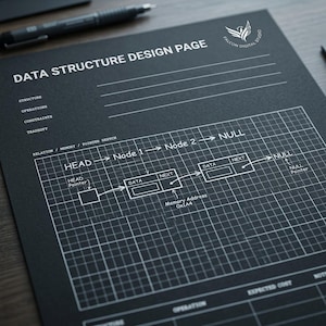 Puede incluir: Una página de diseño de estructura de datos negra con líneas de cuadrícula y texto en blanco. El documento incluye secciones para estructura, operaciones, restricciones y compensaciones, junto con un diagrama que ilustra una lista vinculada con nodos.