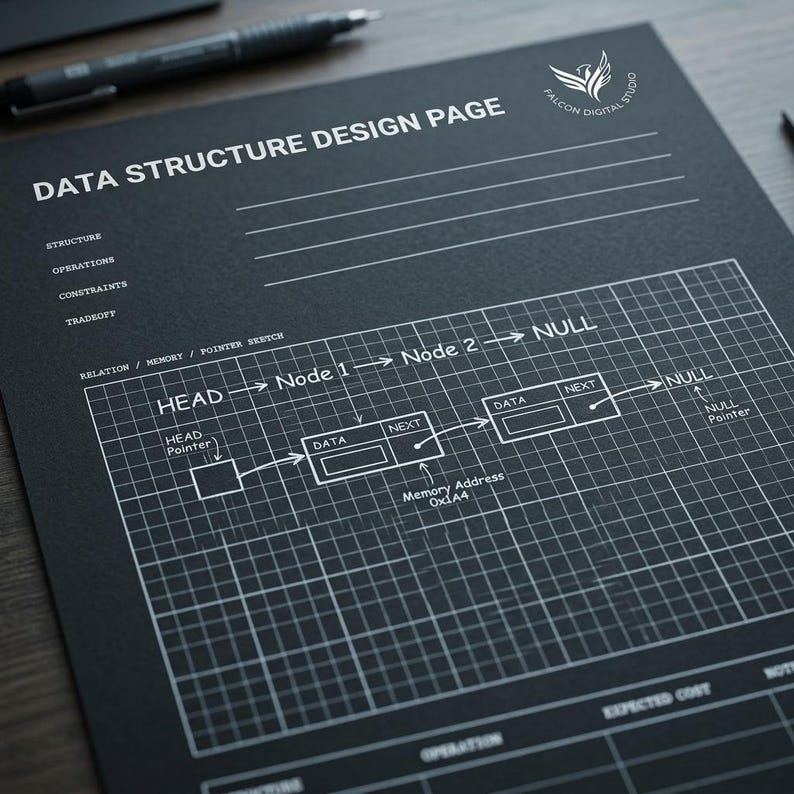 May include: A black data structure design page with white grid lines and text. The document features sections for structure, operations, constraints, and tradeoffs, along with a diagram illustrating a linked list with nodes, pointers, and memory addresses.