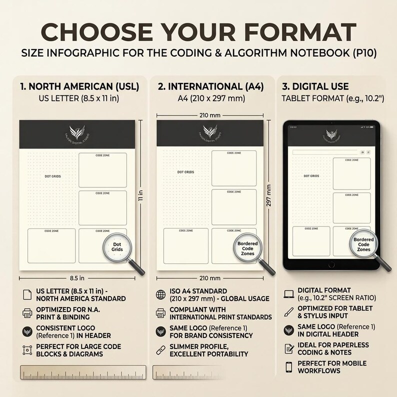 K&ouml;nnte beinhalten: Eine Infografik mit dem Titel CHOOSE YOUR FORMAT f&uuml;r das Coding & Algorithm Notebook (P10). Sie zeigt drei Optionen: US Letter (8,5 x 11 Zoll), internationales A4 (210 x 297 mm) und ein digitales Tablet-Format (10,2 Zoll) mit Layout-Details.