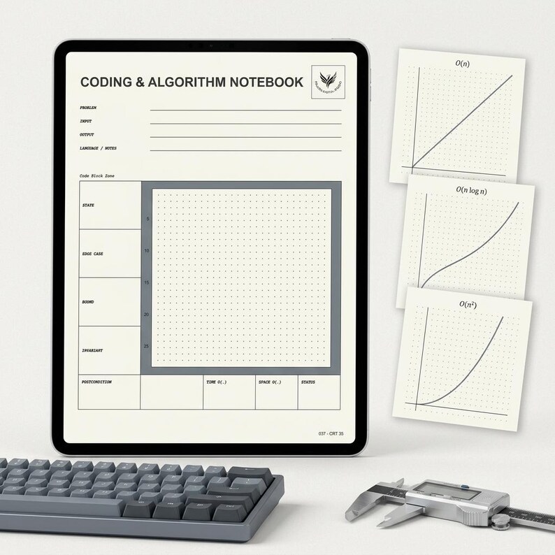 May include: A digital tablet displaying a Coding & Algorithm Notebook template with sections for problem, input, output, and code blocks. Three separate square charts show O(n), O(n log n), and O(n&sup2;) complexity graphs. A metal caliper is visible.