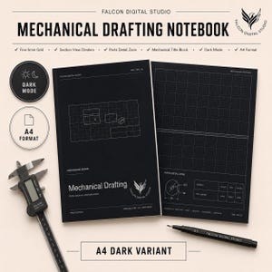 Può includere: Un taccuino per disegno tecnico nero con linee a griglia bianche e diagrammi. La copertina riporta il testo Mechanical Drafting e Falcon Digital Studio. Include un calibro digitale, una penna nera e icone per Dark Mode e formato A4.